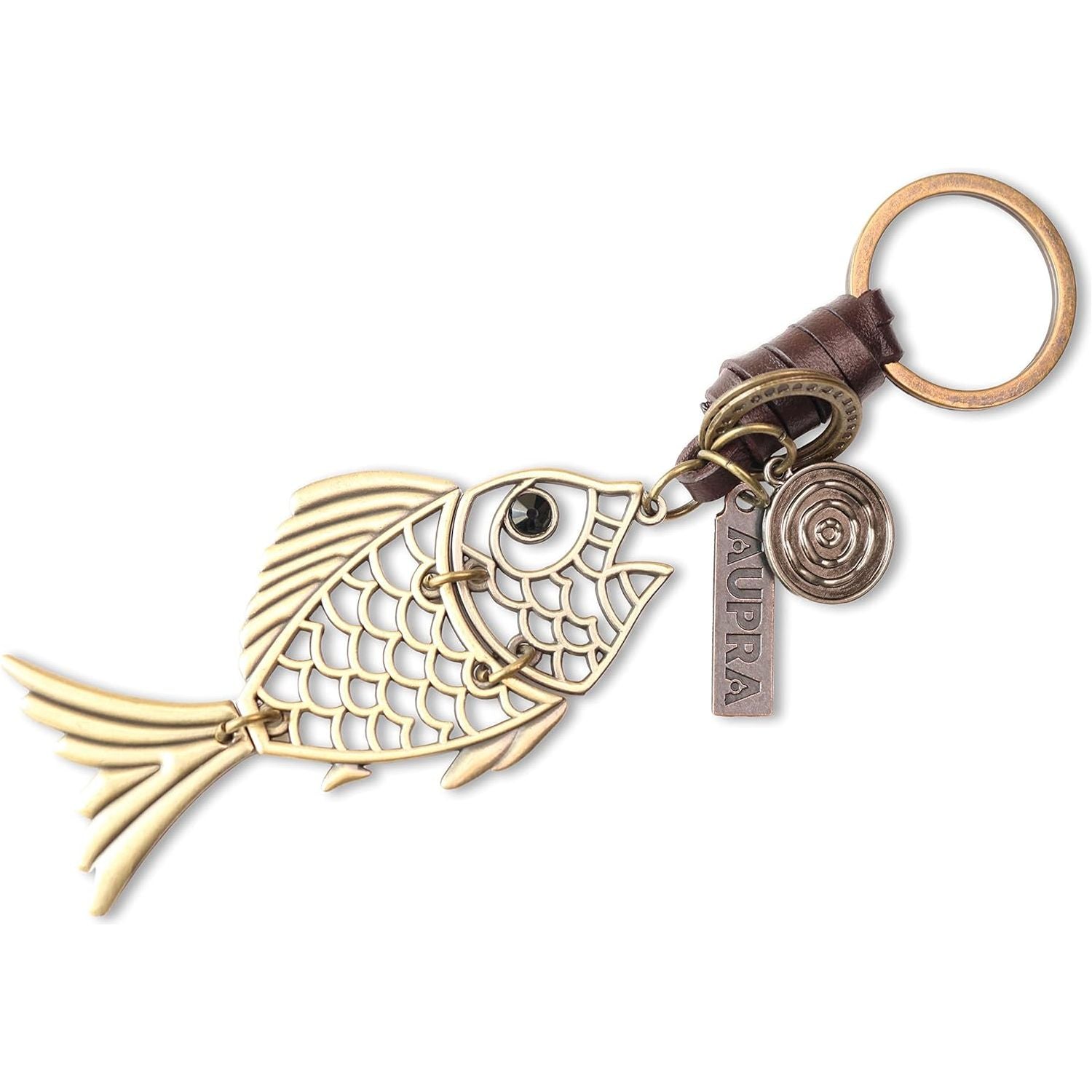 Golden Fish Keychain Charm – Handmade Vintage Leather – Good Luck Gift Keyring-AuPra