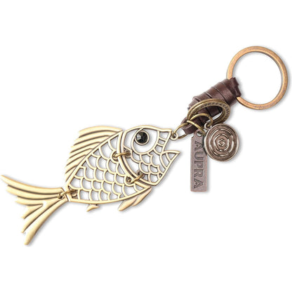 Golden Fish Keychain Charm – Handmade Vintage Leather – Good Luck Gift Keyring-AuPra