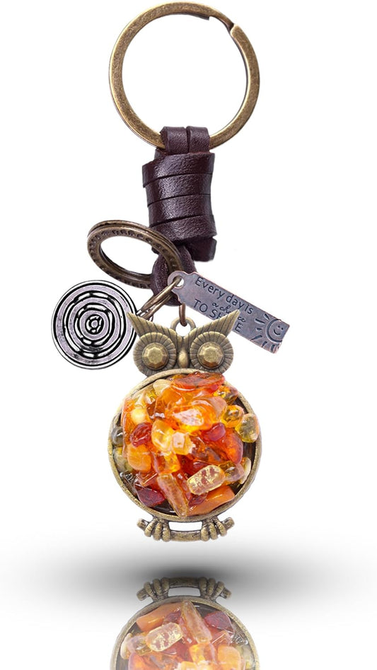 AuPra Amber Owl Keychain for Women & Men Gift Handmade Leather Bird Key Chain Home Car Door Keys Charm Vintage Keyring Present