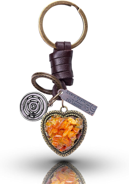 AuPra Amber Heart Keychain for Women & Men Gift Handmade Leather Love Key Chain Home Car Door Keys Vintage Charm I Love You Keyring Valentine Present