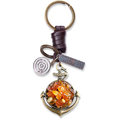 Amber Anchor Keychain Charm – Handmade Vintage Leather – Sailor Gift Keyring-AuPra