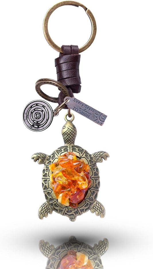 AuPra Amber Turtle Keychain Gift for Women & Men | Handmade Leather Lucky Key Chain | Vintage Animal Charm for Home, Car & Door Keys | Good Luck Keyring Present for Her & Him