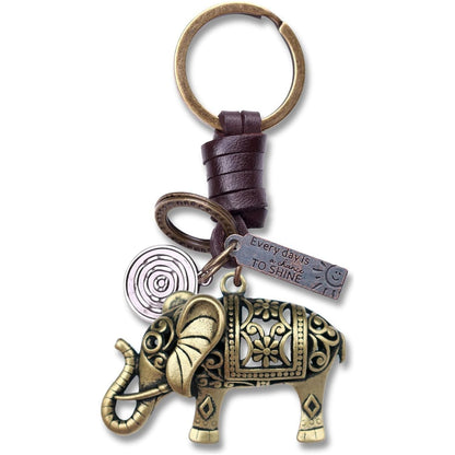 3D Elephant Keychain Gift – Handmade Vintage Leather – Good Luck Keyring Charm-AuPra
