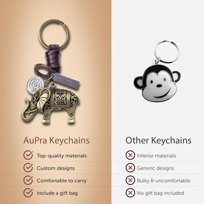 3D Elephant Keychain Gift – Handmade Vintage Leather – Good Luck Keyring Charm-AuPra
