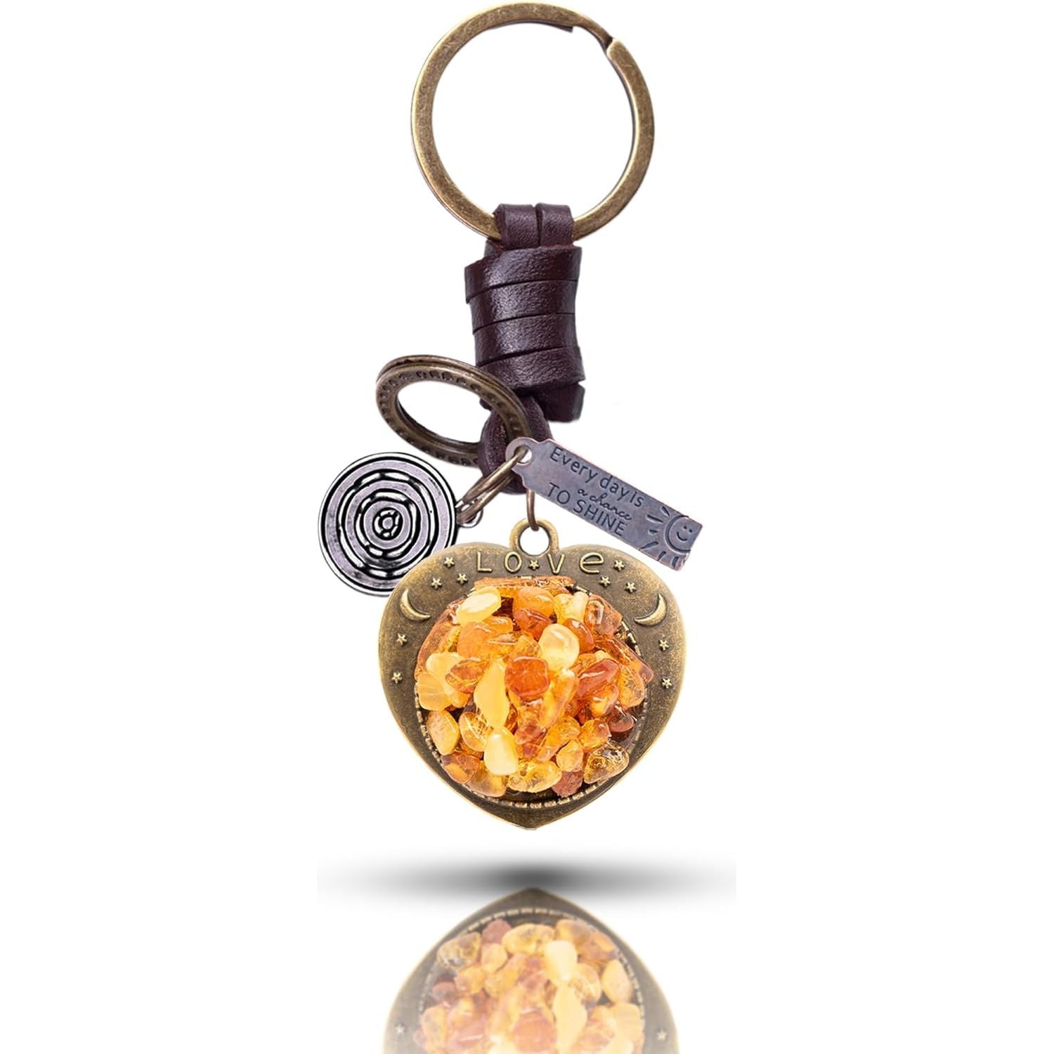 Amber Heart Keychain Charm – Handmade Vintage Leather – Valentine Love Gift Keyring-Amber-AuPra