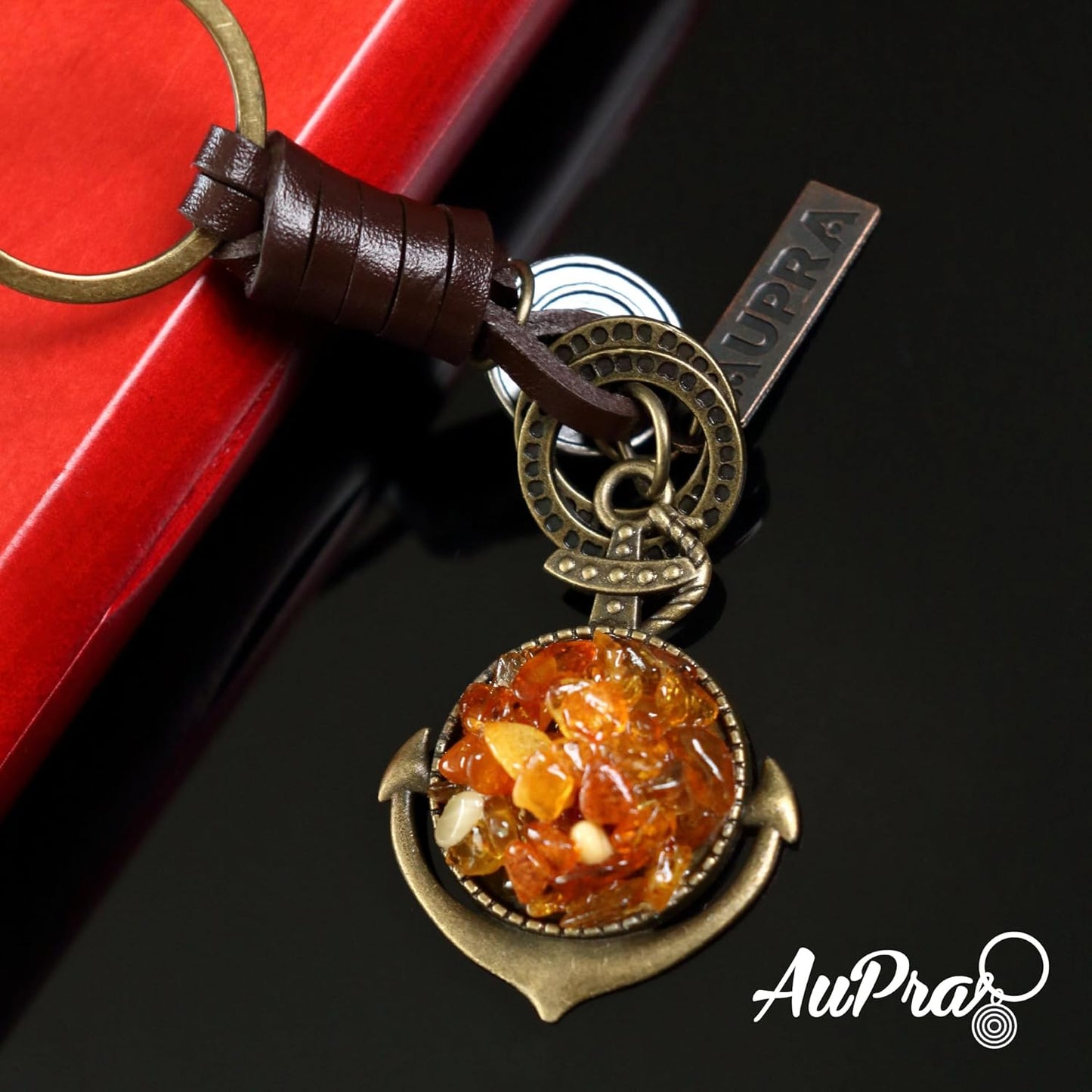 Amber Anchor Keychain Charm – Handmade Vintage Leather – Sailor Gift Keyring-AuPra