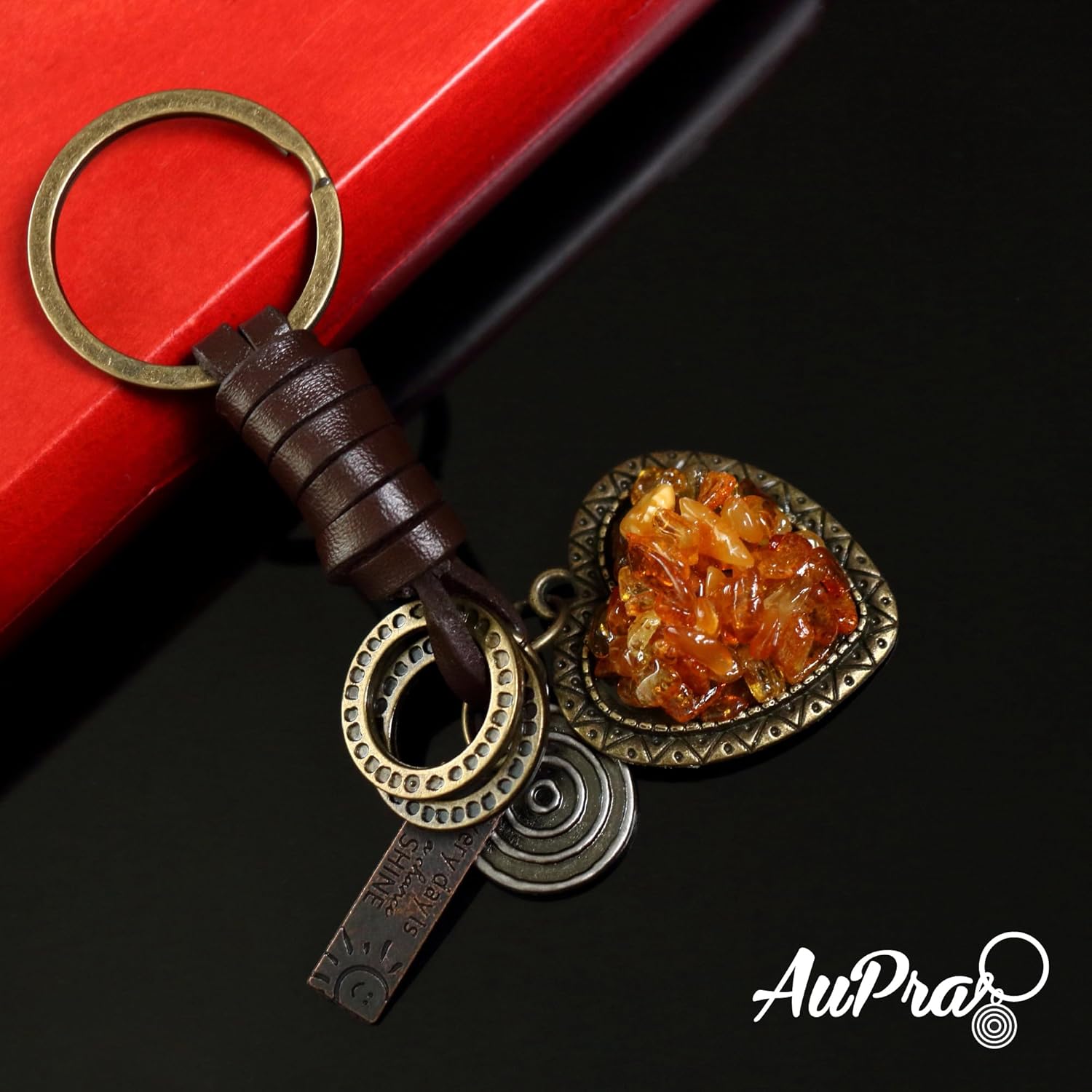 AuPra Amber Heart Keychain for Women & Men Gift Handmade Leather Love Key Chain Home Car Door Keys Vintage Charm I Love You Keyring Valentine Present