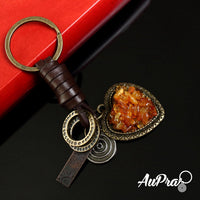 Amber Heart Keychain Charm – Handmade Vintage Leather – Valentine Love Gift Keyring-AuPra