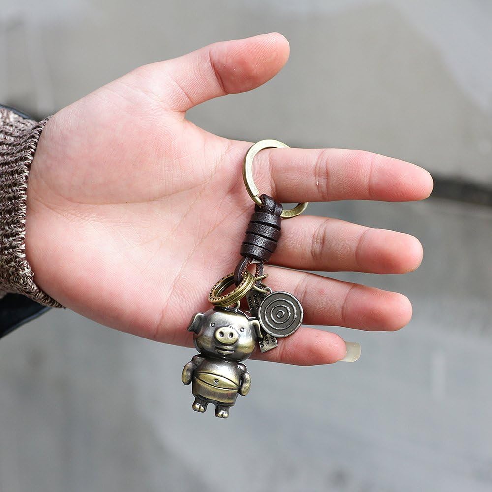 3D Pig Keychain Gift – Handmade Vintage Leather – Funny Piggy Keyring Charm-AuPra