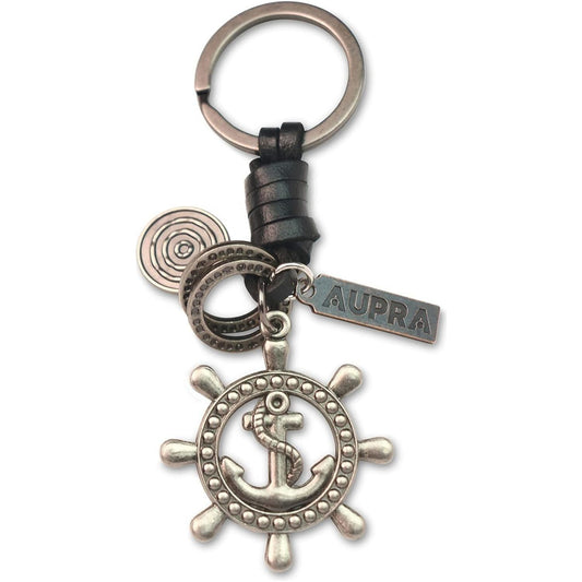 Anchor Keychain Charm – Handmade Vintage Leather – Ship Wheel Keyring Sailor Gift-AuPra