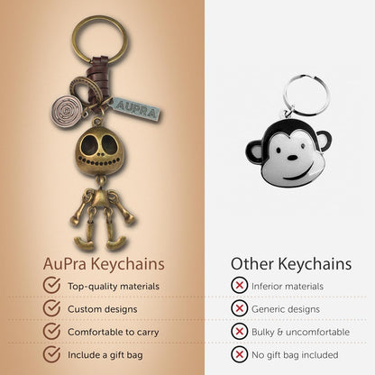 3D Skull Keychain Charm – Handmade Vintage Leather – Skeleton Keyring Halloween Gift-AuPra