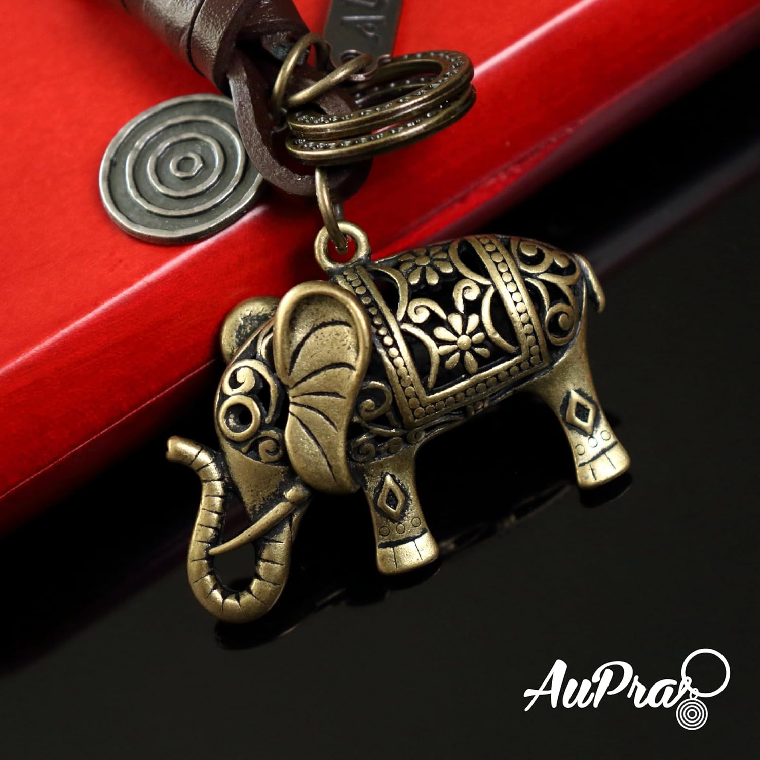 3D Elephant Keychain Gift – Handmade Vintage Leather – Good Luck Keyring Charm-AuPra
