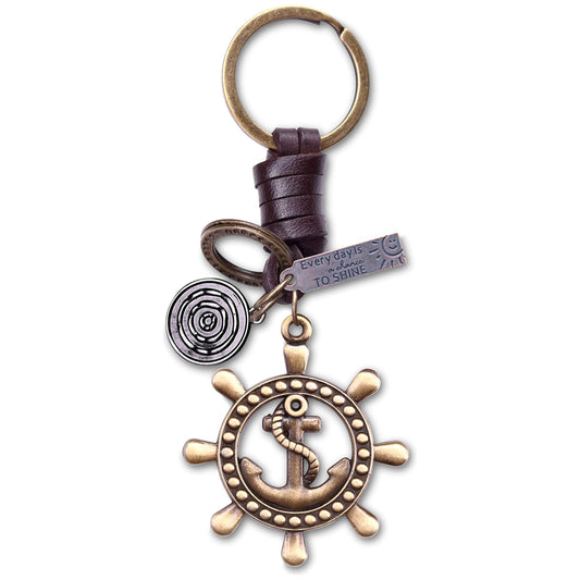 Anchor Keychain Charm – Handmade Vintage Leather – Ship Wheel Keyring Sailor Gift-AuPra