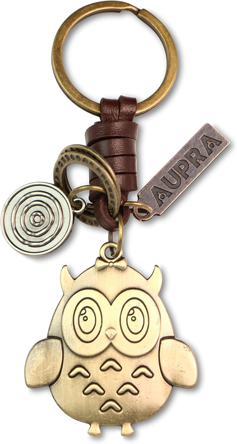 AuPra Owl KeyChain Gift Women & Men Leather Bird KeyRing Home Car Door Keys Holder Girl & Boy Funny Present