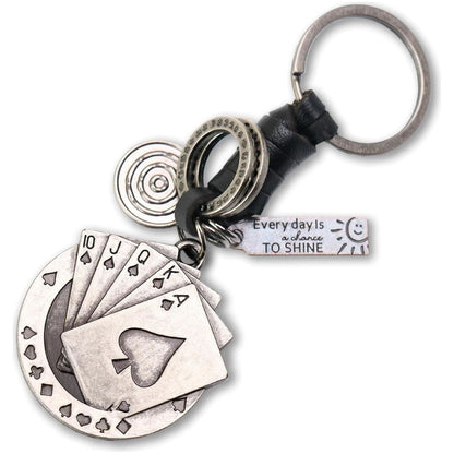 Poker Cards Keychain Charm – Handmade Vintage Leather – Casino Gift Keyring Charm-AuPra