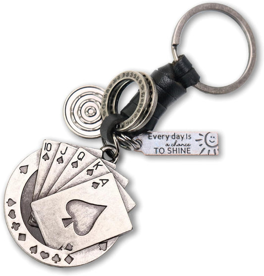 AuPra Poker Card KeyChain Gift Women & Men Black Leather KeyRing Home Car Door Keys Holder Casino Good Luck Present