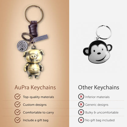 3D Pig Keychain Gift – Handmade Vintage Leather – Funny Piggy Keyring Charm-AuPra