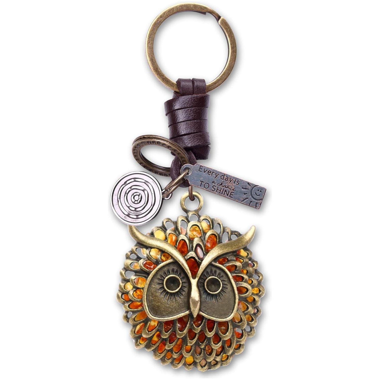 Amber Owl Keychain – Handmade Vintage Leather – Bird Lover Gift Keyring-AuPra