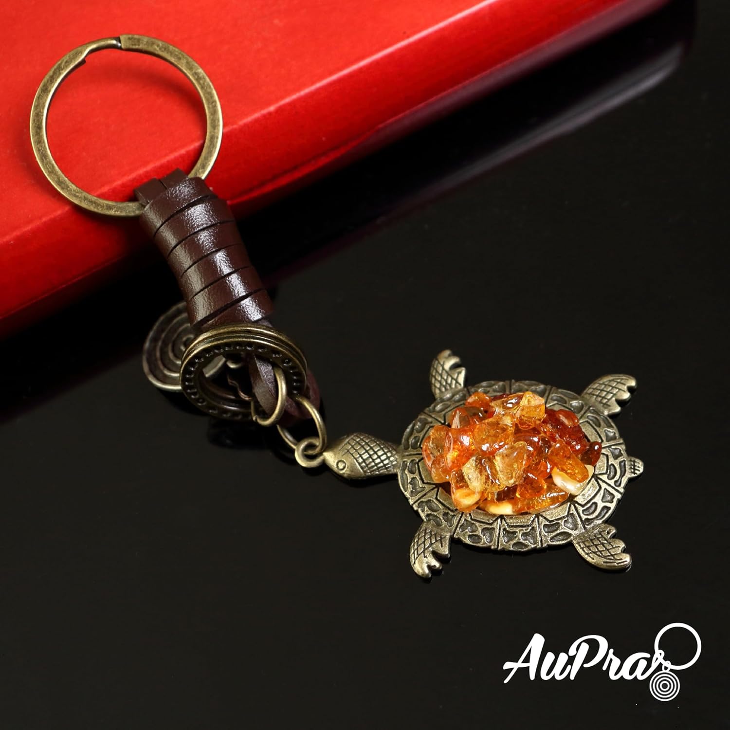 Amber Turtle Keychain Charm – Handmade Vintage Leather – Good Luck Gift Keyring-AuPra
