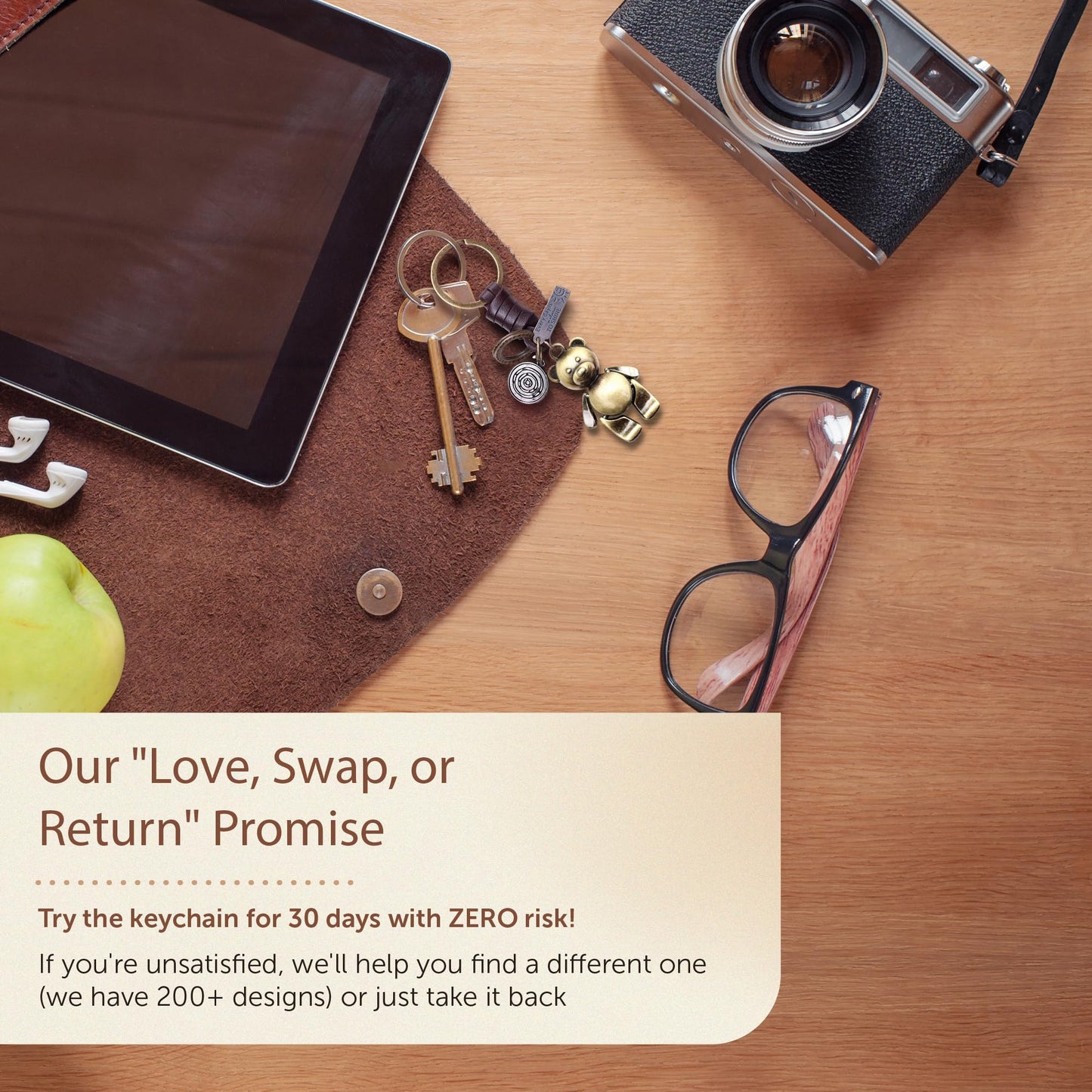 3D Teddy Bear Keychain Gift – Handmade Vintage Leather – Cute Keyring Charm-AuPra