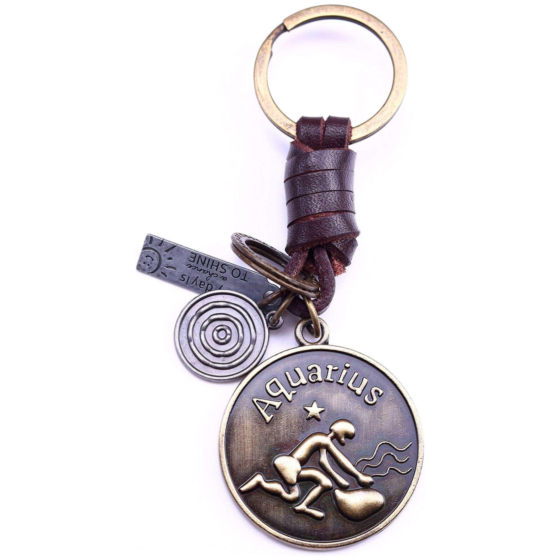 Star Sign Keychain Charm – Handmade Vintage Leather – Zodiac Sign Gift Keyring-AuPra
