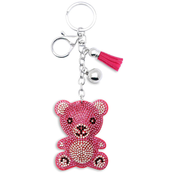 Pink crystal teddy bear keychain with sparkle charm and clip ring