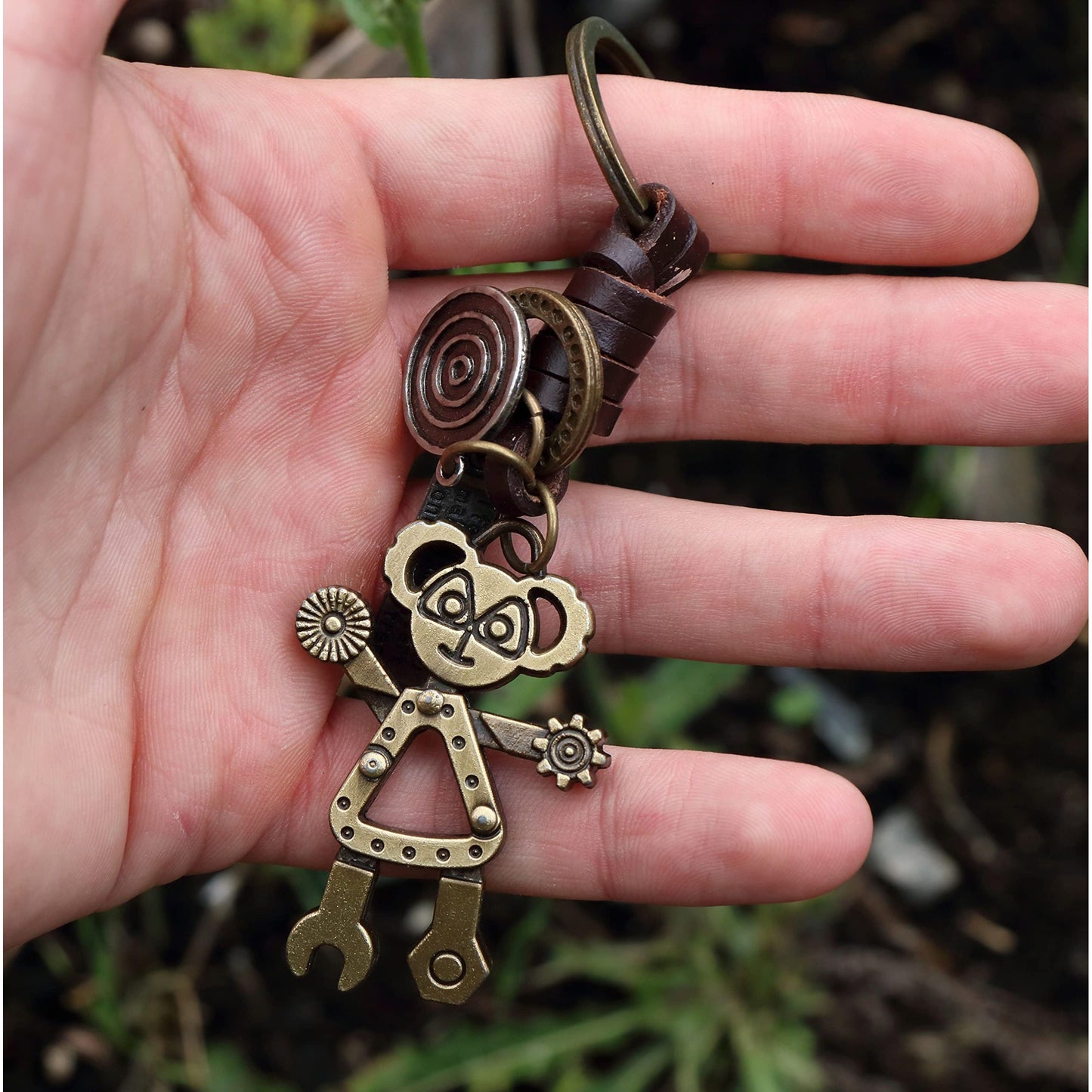 Robot Keychain Charm – Handmade Vintage Leather – Funny Gift Keyring-AuPra