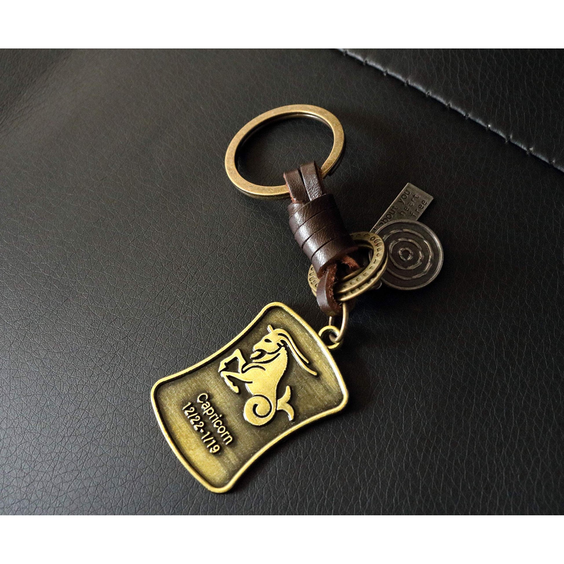 Star Sign Keychain Charm – Handmade Vintage Leather – Zodiac Sign Gift Keyring-AuPra