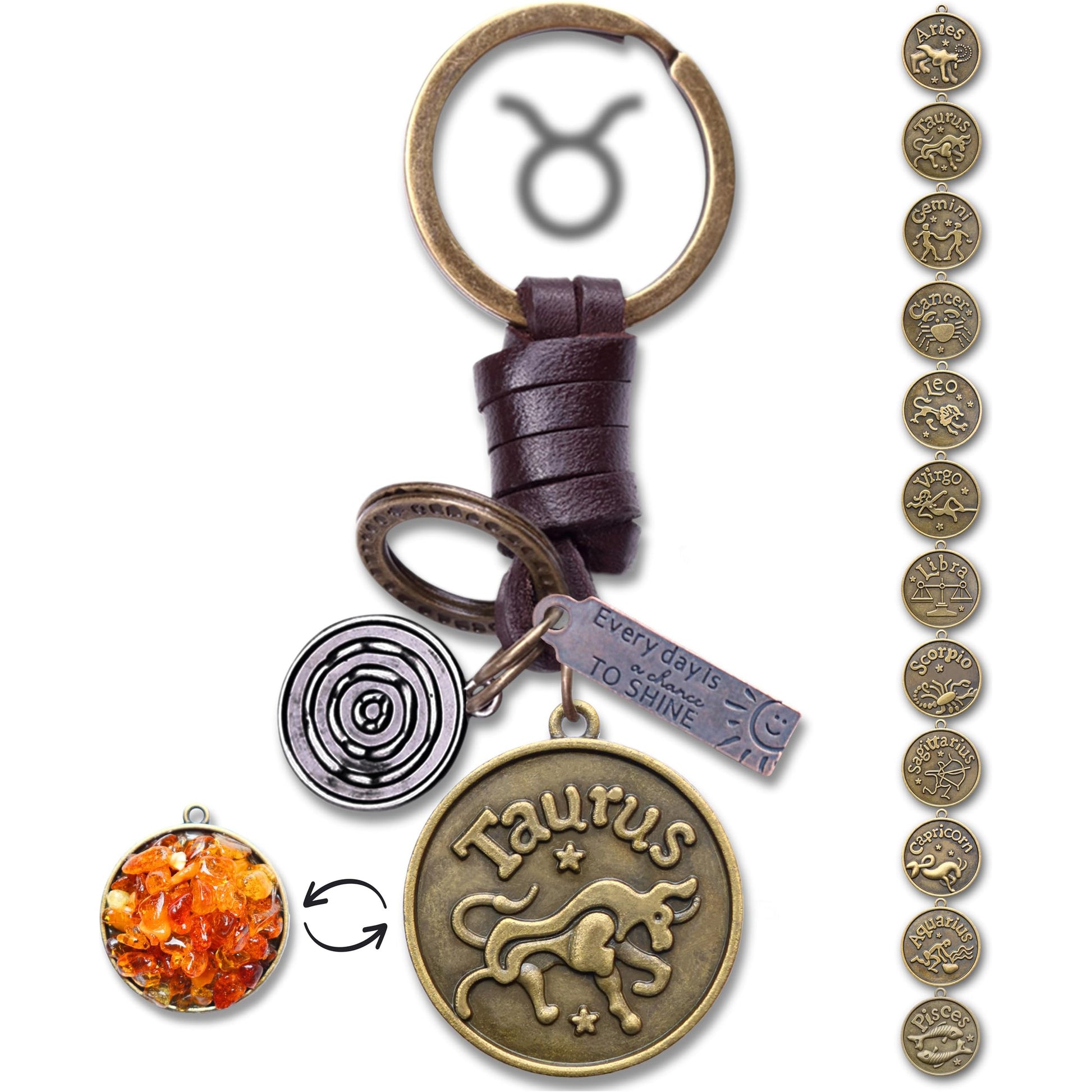 Star Sign Keychain Charm – Handmade Vintage Leather – Zodiac Sign Gift Keyring-AuPra