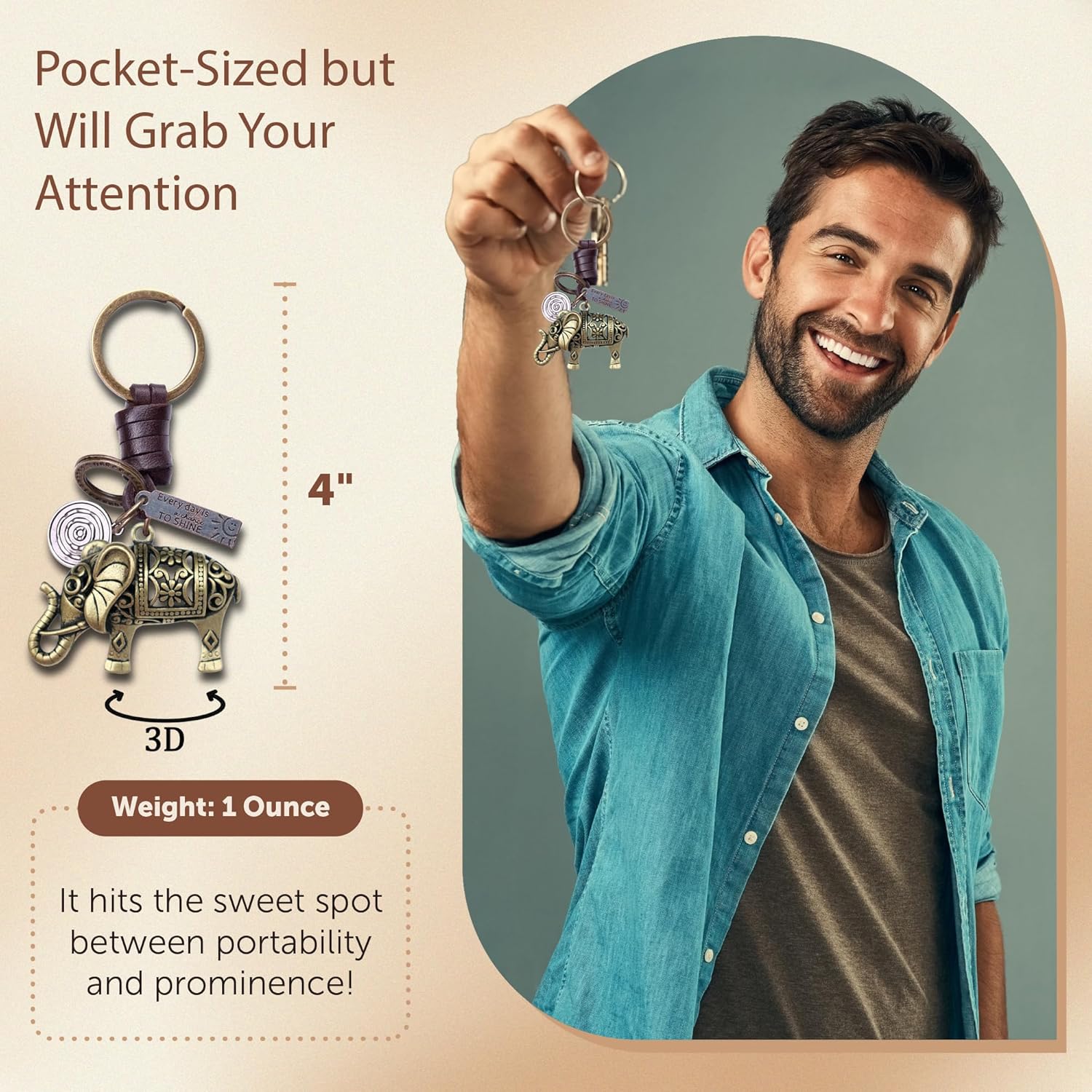 3D Elephant Keychain Gift – Handmade Vintage Leather – Good Luck Keyring Charm-AuPra