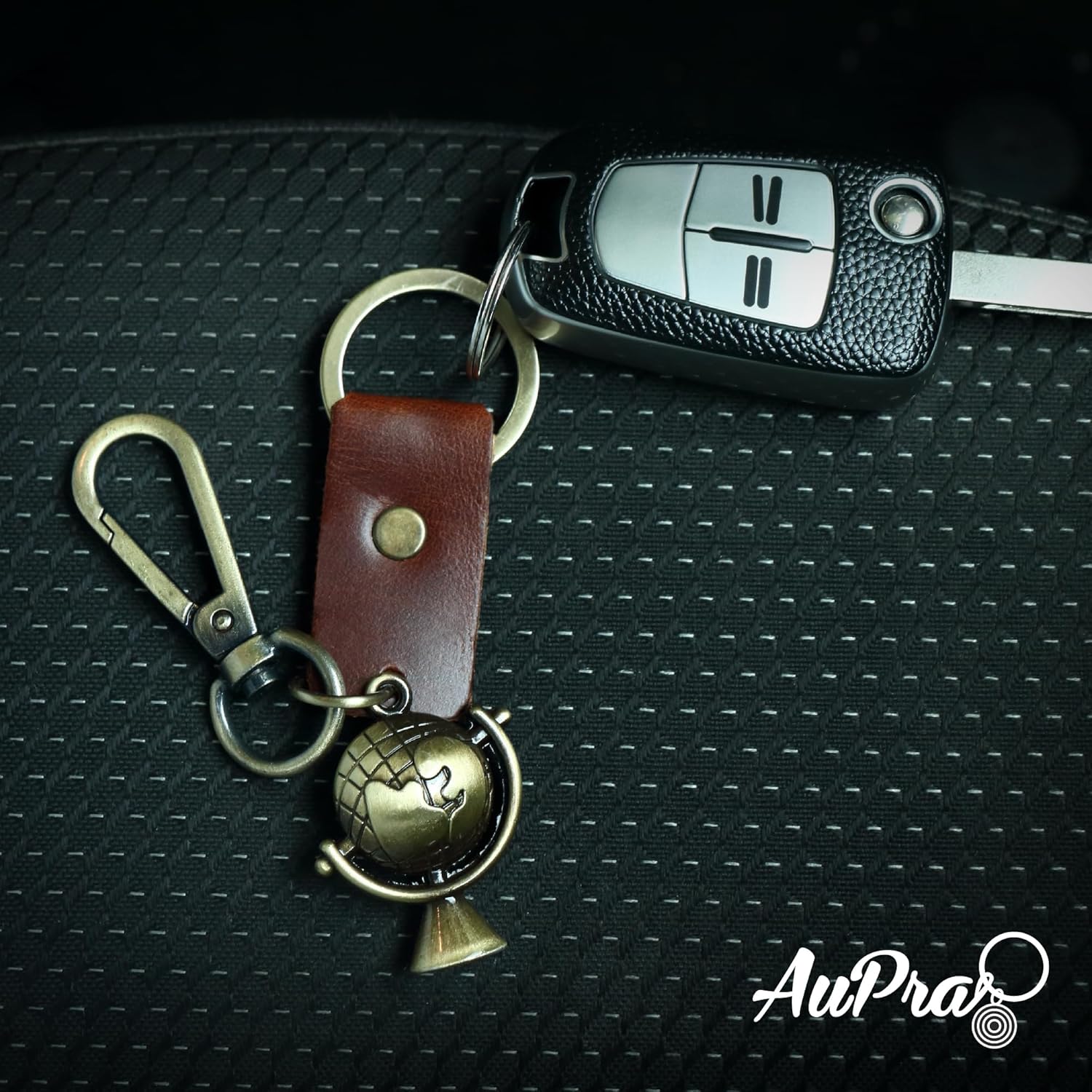 AuPra World Globe KeyChain Gift Women & Men Leather KeyRing Home Car Door Keys Holder Traveler Present