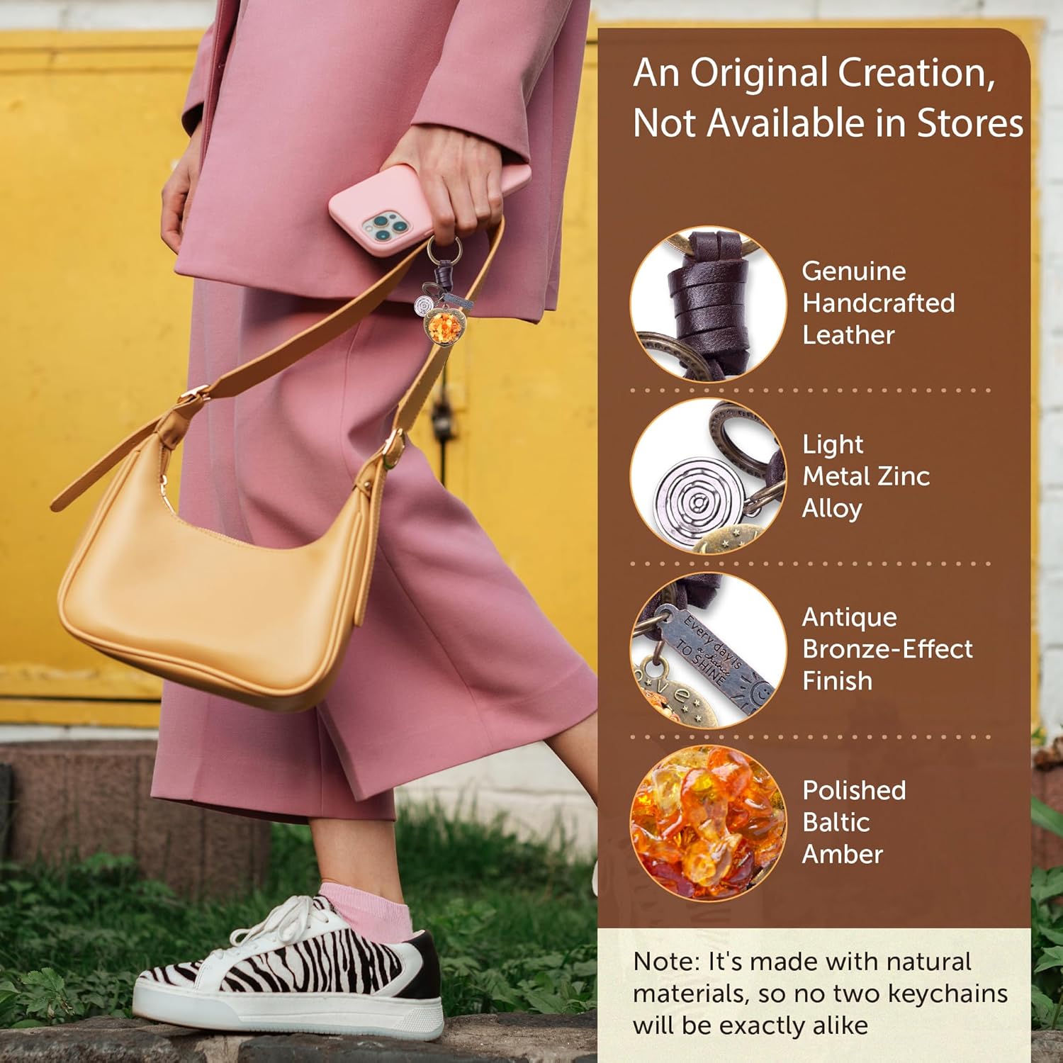 Amber Heart Keychain Charm – Handmade Vintage Leather – Valentine Love Gift Keyring-Amber-AuPra