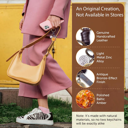 Amber Heart Keychain Charm – Handmade Vintage Leather – Valentine Love Gift Keyring-Amber-AuPra