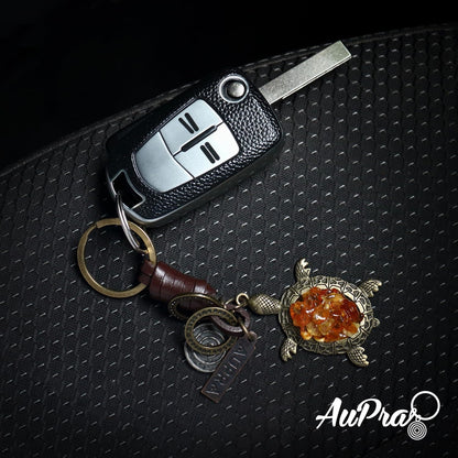 Amber Turtle Keychain Charm – Handmade Vintage Leather – Good Luck Gift Keyring-AuPra