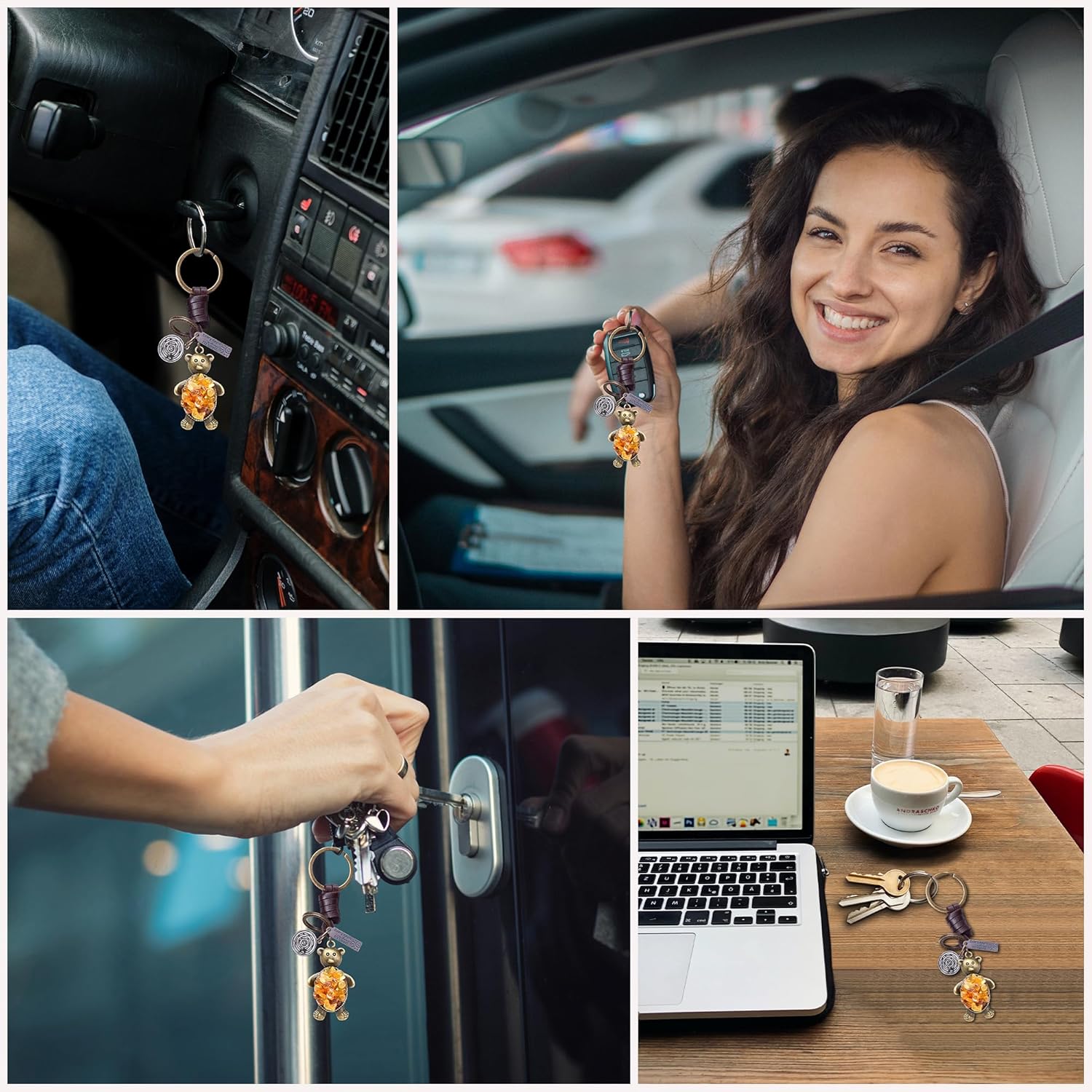 Amber Teddy Bear Keychain – Handmade Vintage Leather – Cute Gift Keyring for Her-Amber-AuPra