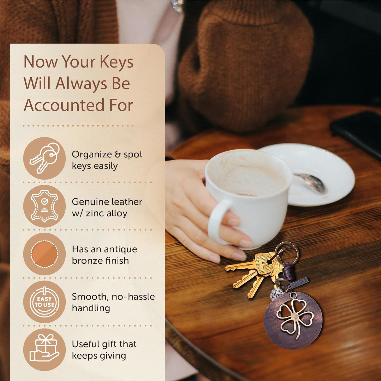 4 Leaf Clover Keychain – Handmade Vintage Leather – Irish Good Luck Shamrock Gift-AuPra