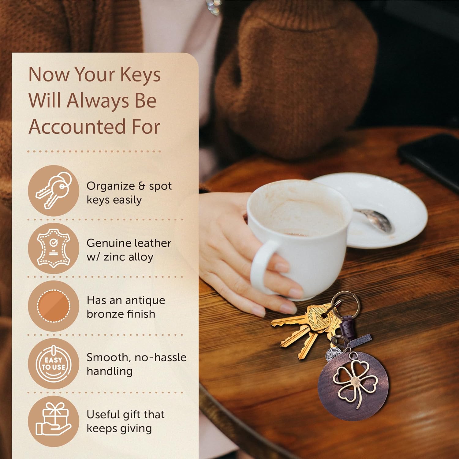 4 Leaf Clover Keychain – Handmade Vintage Leather – Irish Good Luck Shamrock Gift-AuPra