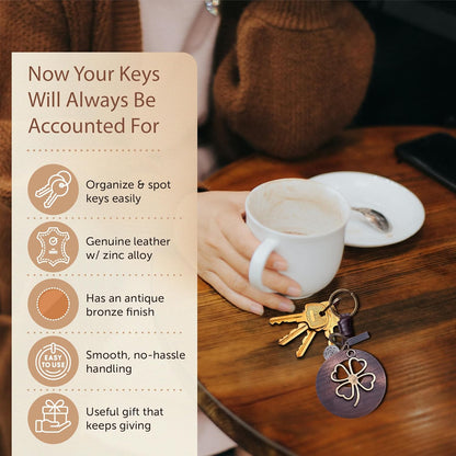 4 Leaf Clover Keychain – Handmade Vintage Leather – Irish Good Luck Shamrock Gift-AuPra