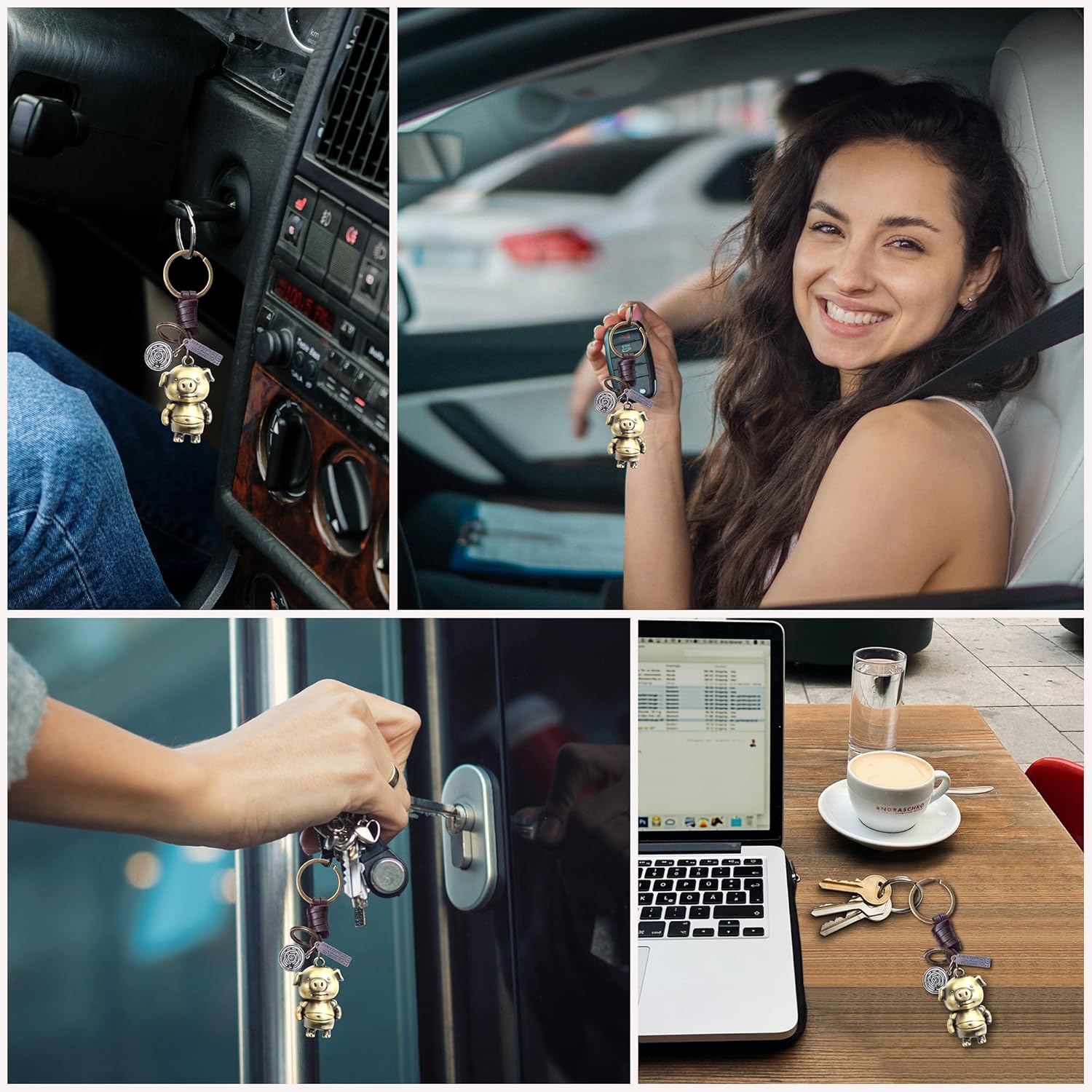 3D Pig Keychain Gift – Handmade Vintage Leather – Funny Piggy Keyring Charm-AuPra