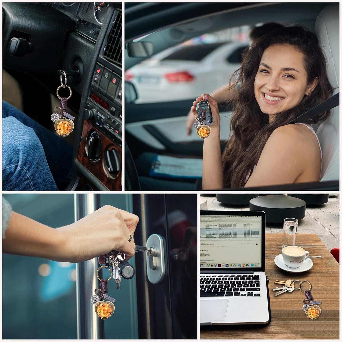 Amber Heart Keychain Charm – Handmade Vintage Leather – Valentine Love Gift Keyring-Amber-AuPra