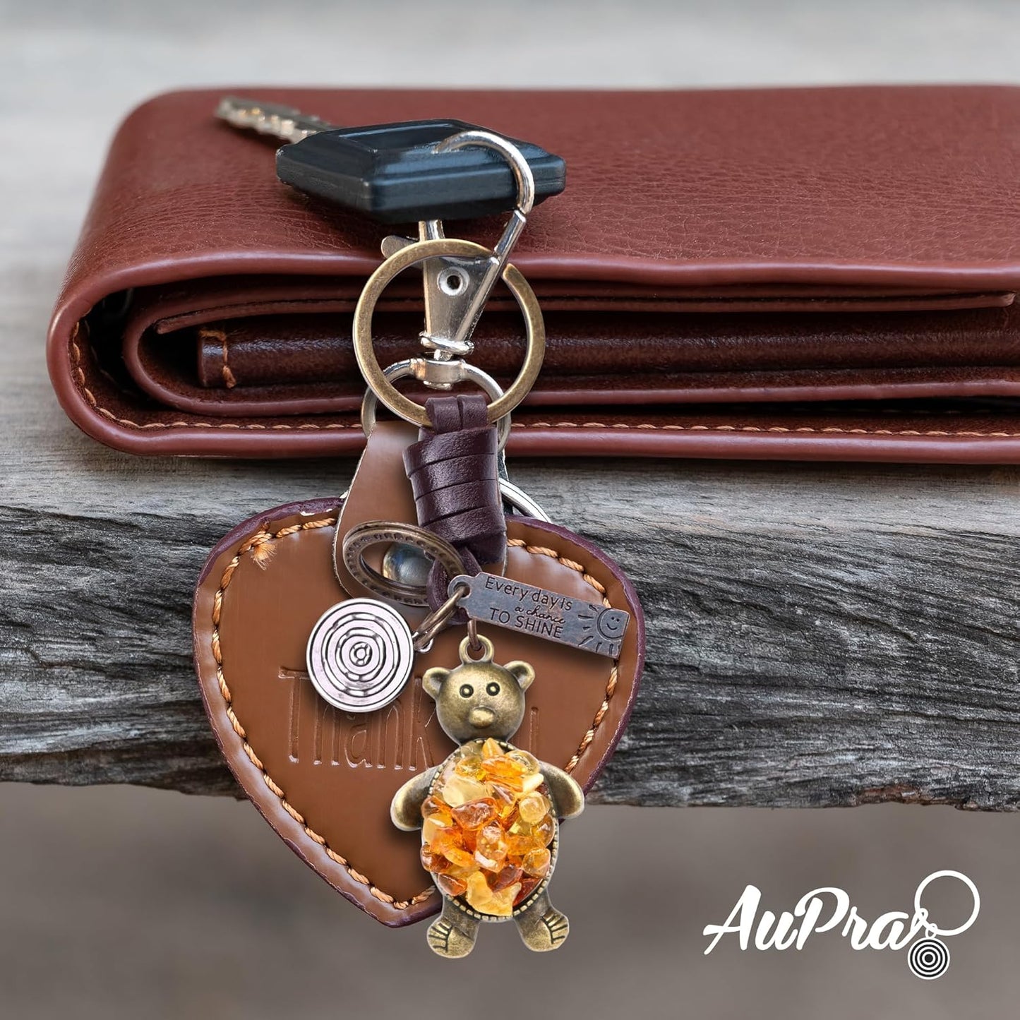 Amber Teddy Bear Keychain – Handmade Vintage Leather – Cute Gift Keyring for Her-Amber-AuPra