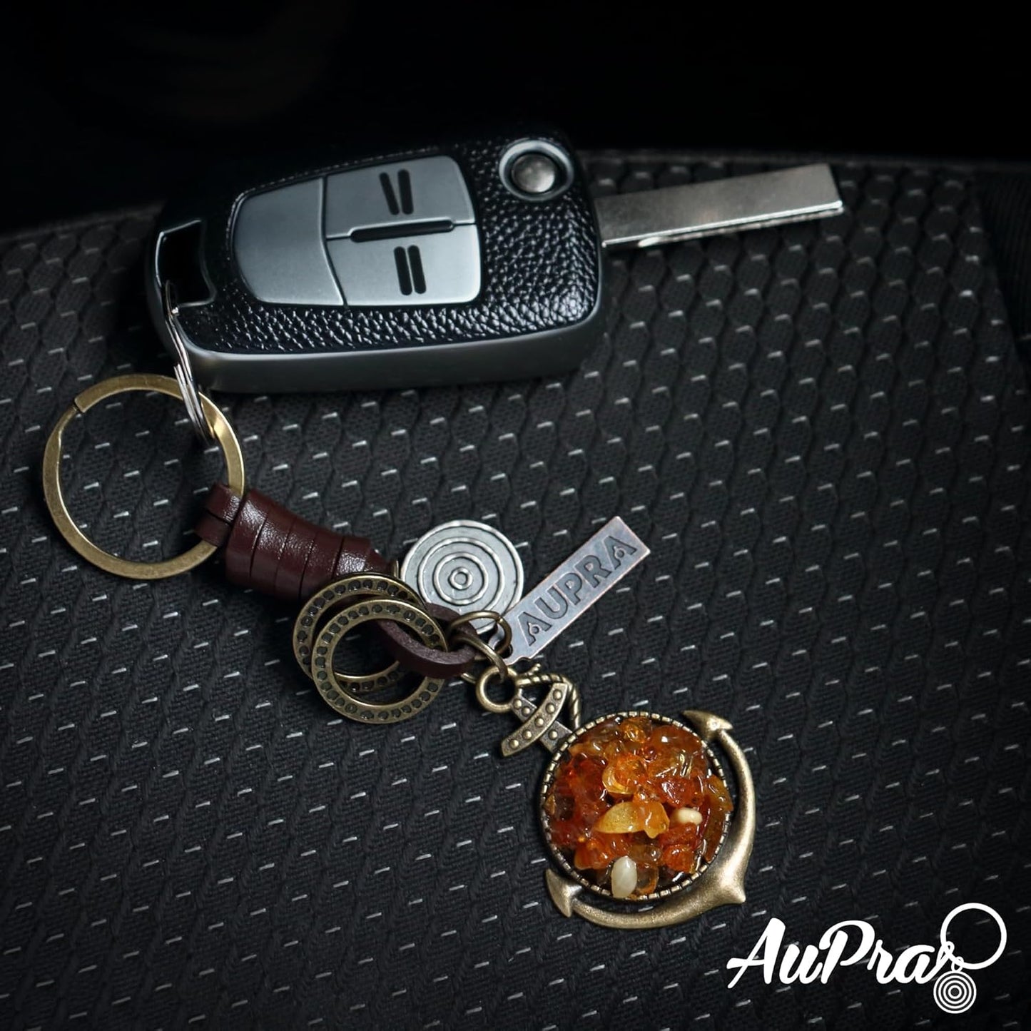 Amber Anchor Keychain Charm – Handmade Vintage Leather – Sailor Gift Keyring-AuPra