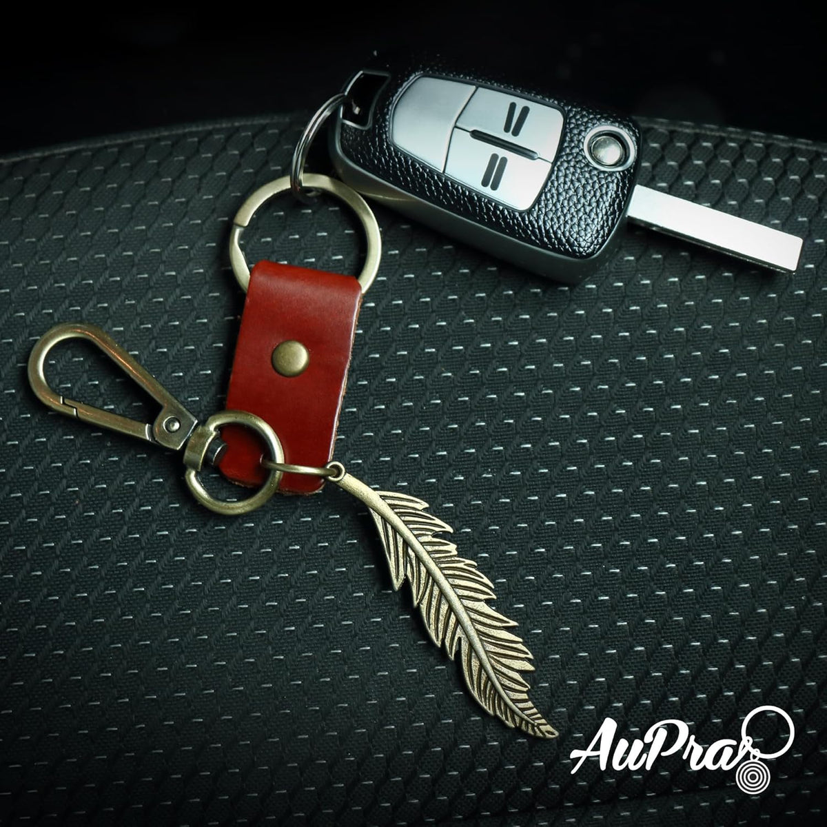 Feather Keychain Charm – Handmade Vintage Leather – Boho Style Gift Keyring-AuPra