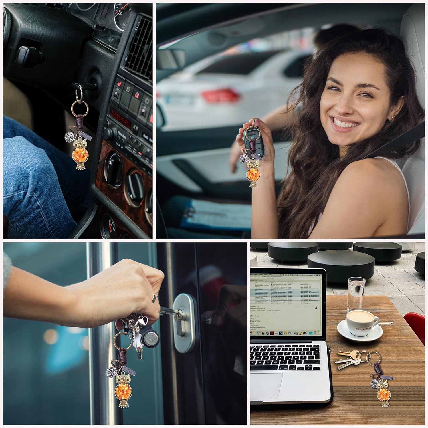 Amber Owl Keychain Charm – Handmade Vintage Leather – Bird Lover Gift Keyring-Amber-AuPra