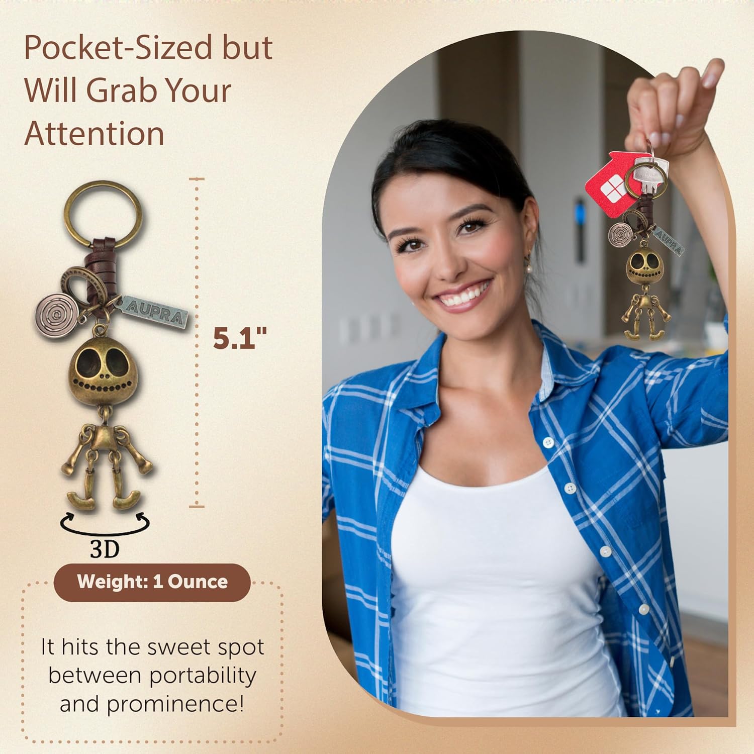 3D Skull Keychain Charm – Handmade Vintage Leather – Skeleton Keyring Halloween Gift-AuPra