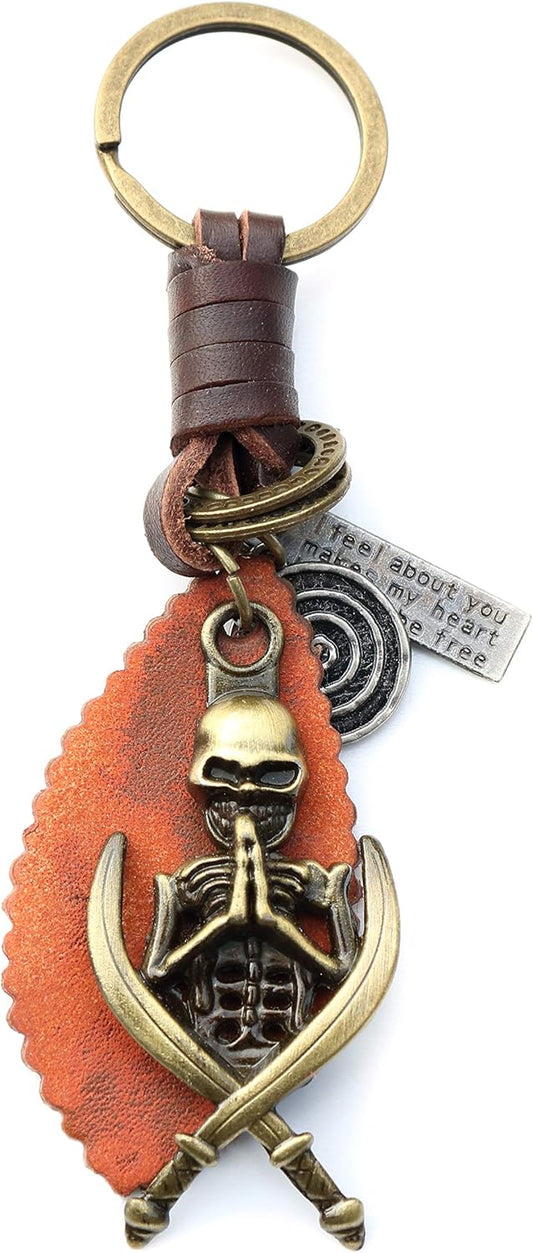 AuPra Skull KeyChain Gift Women & Men Red Leather Skeleton KeyRing Home Car Door Keys Holder Girl & Boy Halloween Present