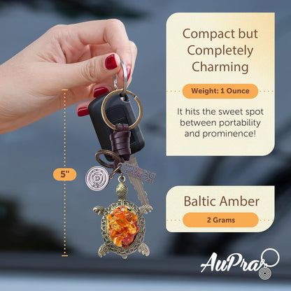 Amber Turtle Keychain Charm – Handmade Vintage Leather – Good Luck Gift Keyring-AuPra