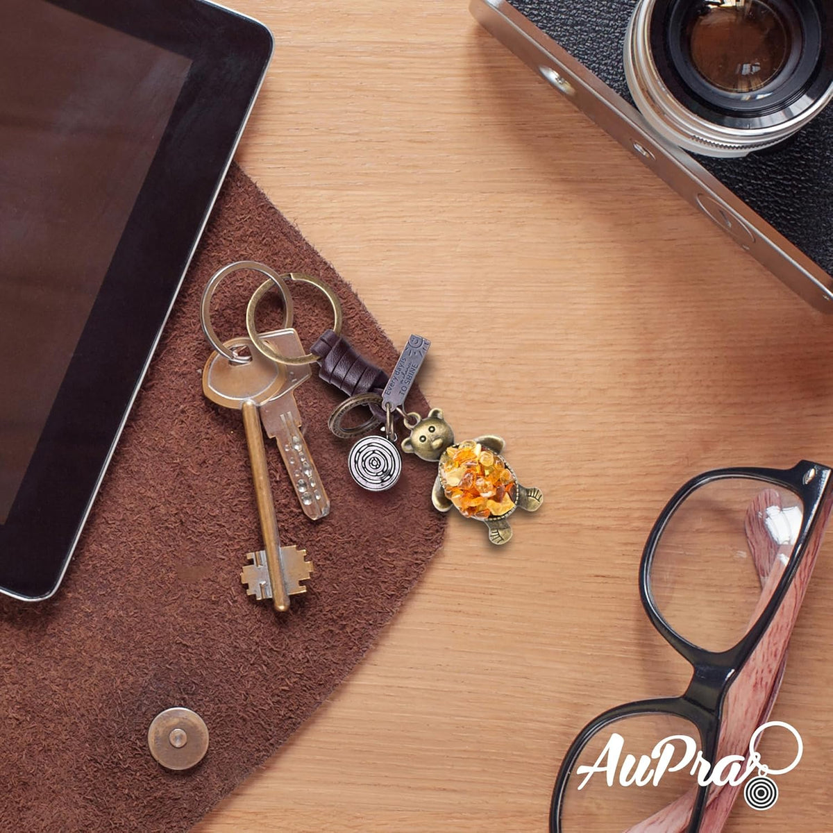 Amber Teddy Bear Keychain – Handmade Vintage Leather – Cute Gift Keyring for Her-Amber-AuPra