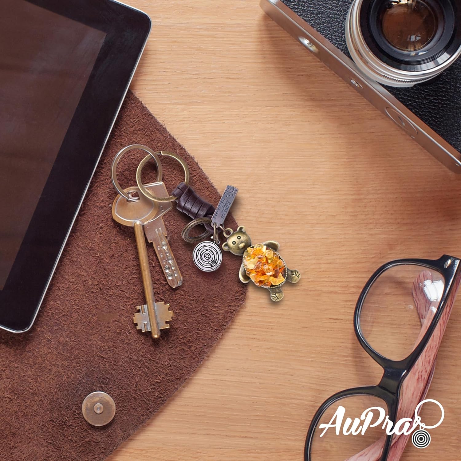 Amber Teddy Bear Keychain – Handmade Vintage Leather – Cute Gift Keyring for Her-Amber-AuPra