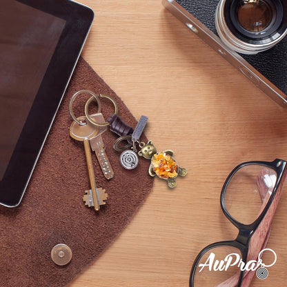 Amber Teddy Bear Keychain – Handmade Vintage Leather – Cute Gift Keyring for Her-Amber-AuPra